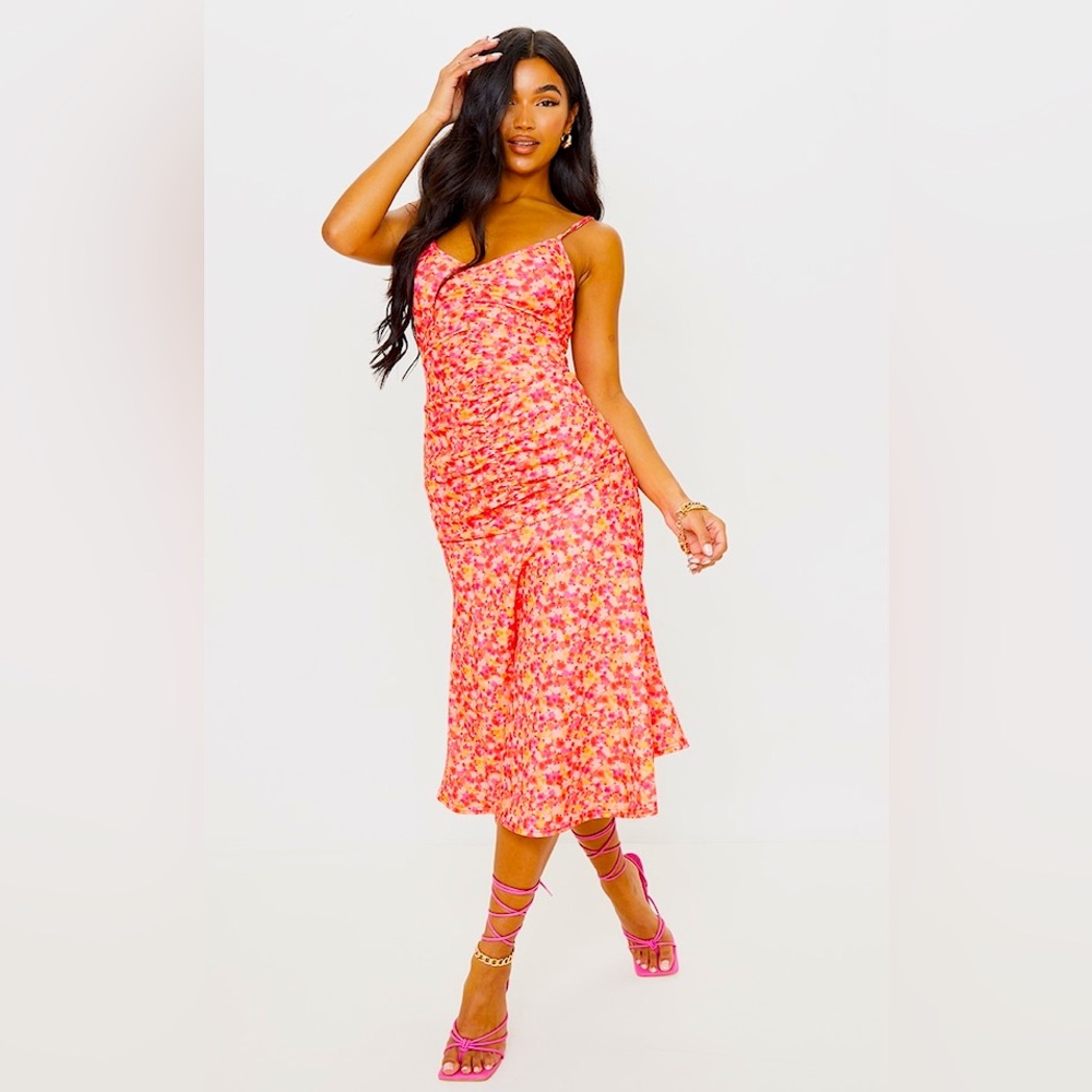 Pink Floral Print Strappy Tank Ruched Flare Hem Midi Dress